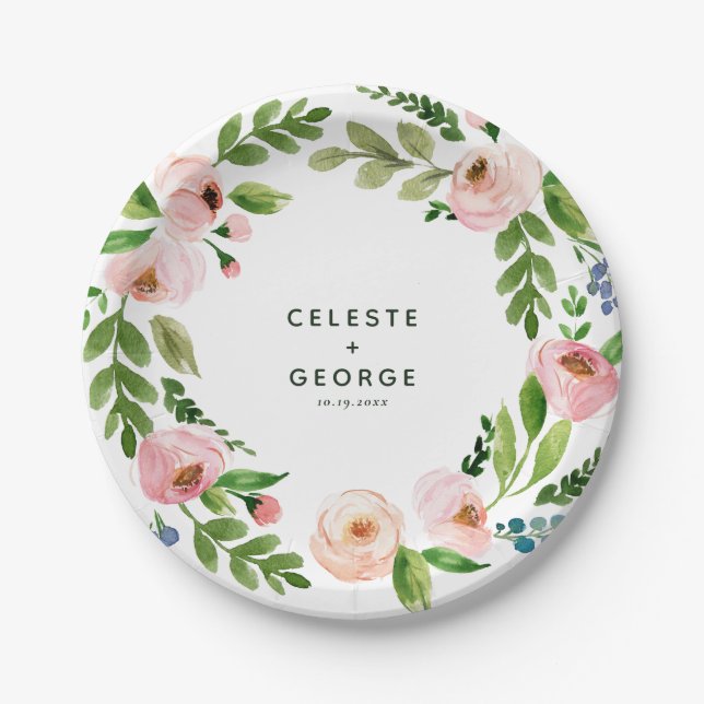 Blush pink floral wreath wedding paper plates (Front)