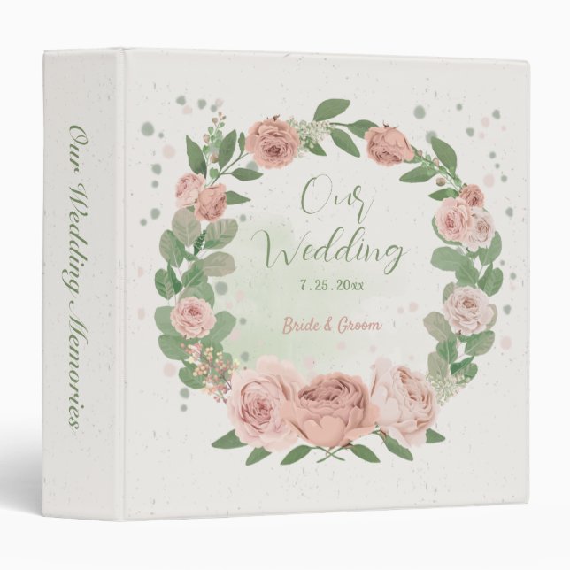blush pink floral wreath wedding photo album 3 ring binder (Front/Spine)