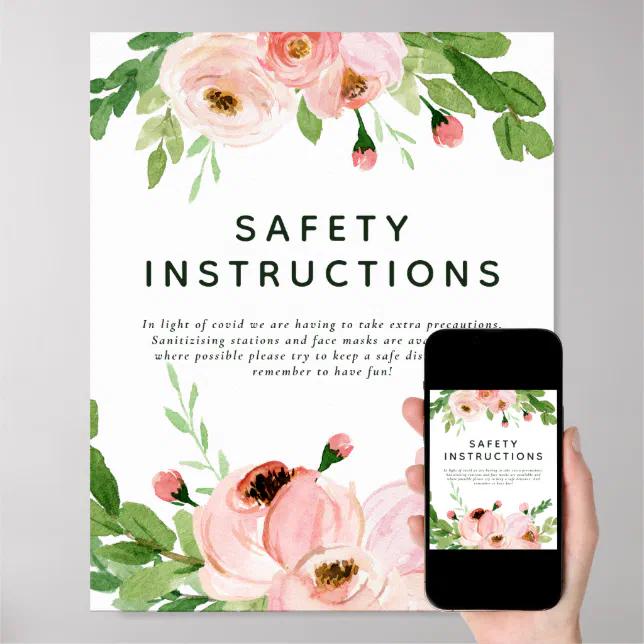 Blush pink floral wreath wedding safety info poster Zazzle