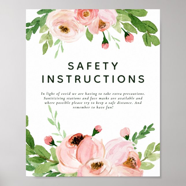 Blush pink floral wreath wedding safety info poster (Front)