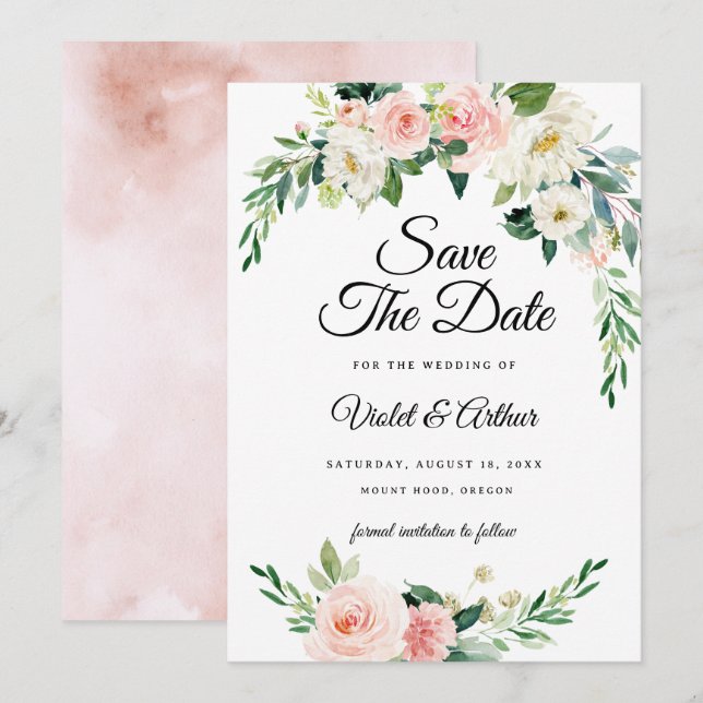 Blush Pink Floral Wreath Wedding Save The Date  Invitation (Front/Back)