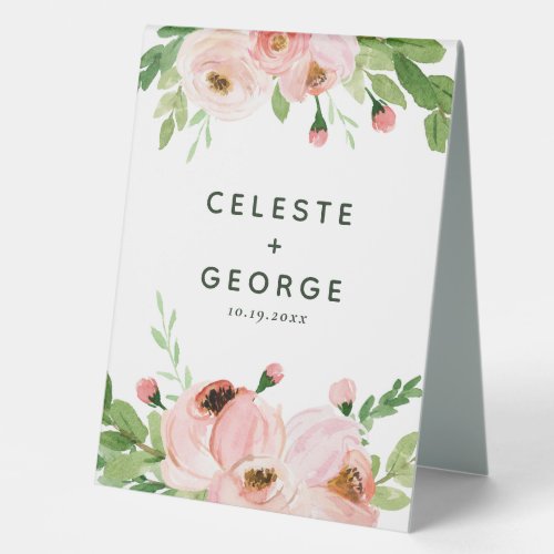 Blush pink floral wreath wedding table tent sign