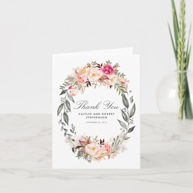 Blush Pink Floral Wreath Wedding Thank You Card (Front)