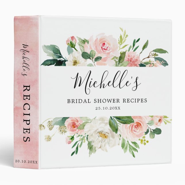 Blush Pink Florals Botanical Bridal Shower Recipe 3 Ring Binder (Front/Spine)