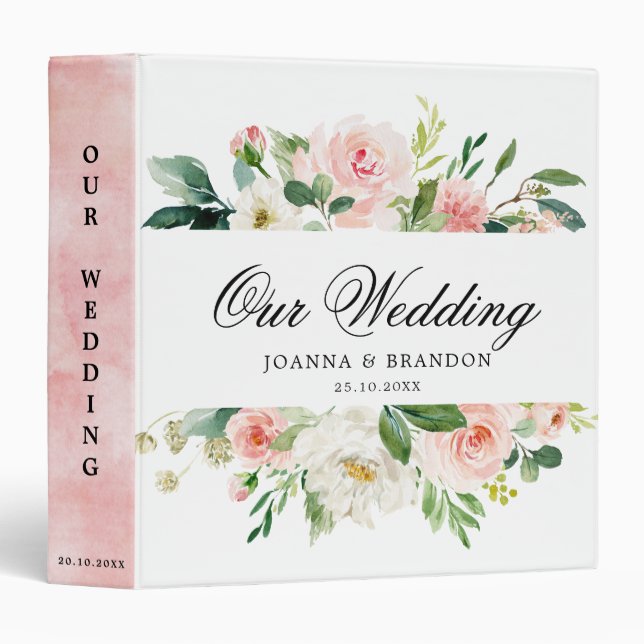 Blush Pink Florals Botanical Wedding Album 3 Ring Binder (Front/Spine)