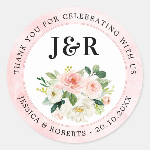 Blush Pink Florals Botanical Wedding Thank You Cla Classic Round Sticker