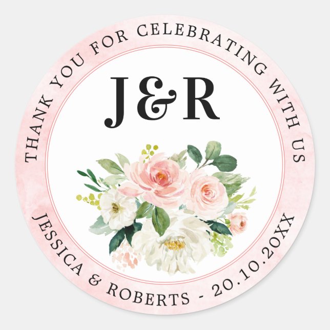 Blush Pink Florals Botanical Wedding Thank You Cla Classic Round Sticker (Front)