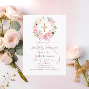 Blush pink florals bow cross First Communion Invitation