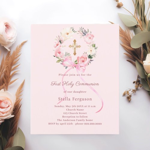 Blush pink florals bow First Communion invitation