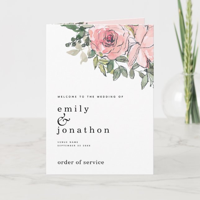 Blush Pink Florals Church Folded Wedding Program (Front)