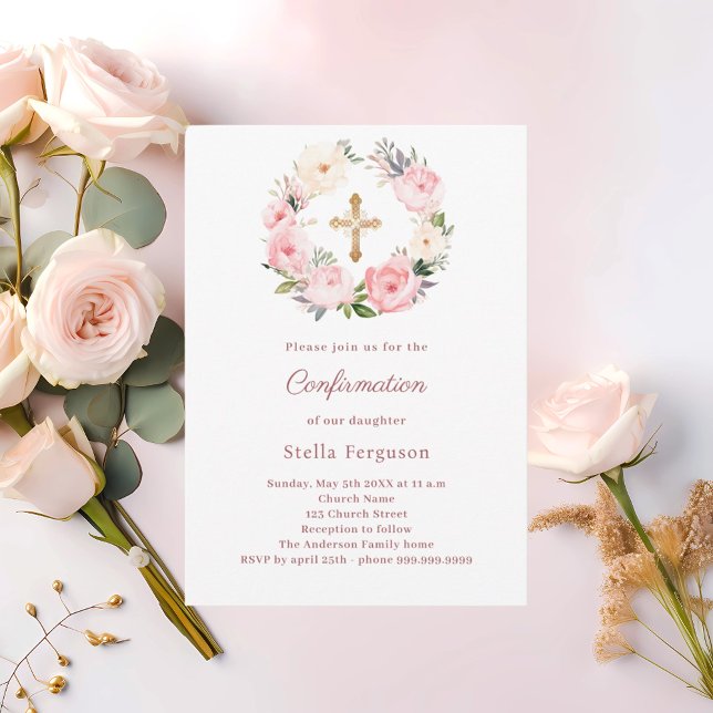 Blush pink florals cross Confirmation Invitation (Creator Uploaded)