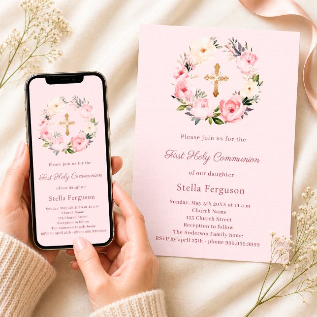 Blush pink florals cross First Communion Invitation (Creator Uploaded)