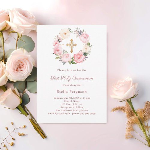 Blush pink florals cross First Communion