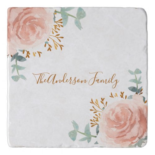 Blush pink florals eucalyptus gold family elegant trivet