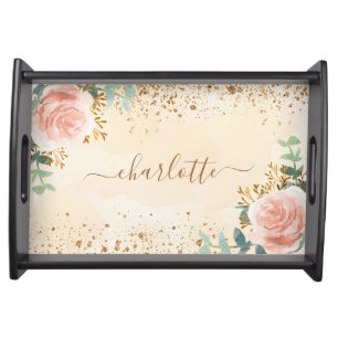 Blush pink florals eucalyptus greenery glitter serving tray