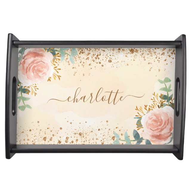 Blush pink florals eucalyptus greenery glitter serving tray (Front)