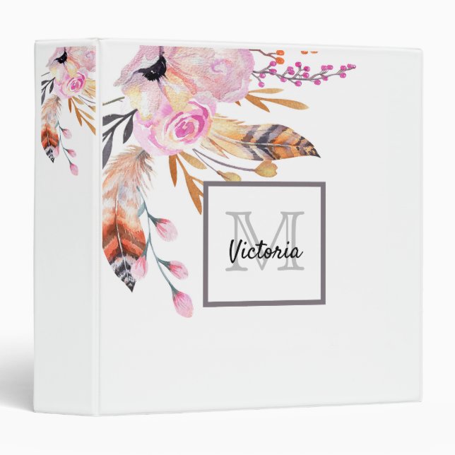 Blush pink florals feathers white boho name 3 ring binder (Front/Spine)