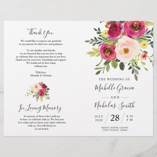 Blush Pink Florals, Foldable Wedding Program Card (Front)