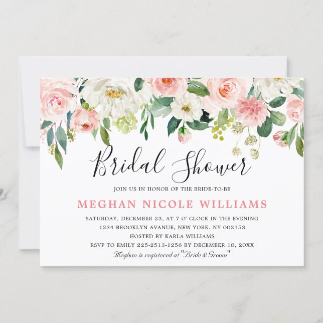 Blush Pink Florals Modern Botanical Bridal Shower Invitation (Front)