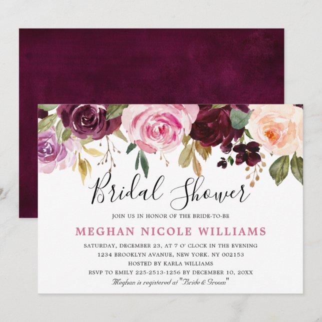 Blush Pink Florals Modern Botanical Bridal Shower Invitation (Front/Back)