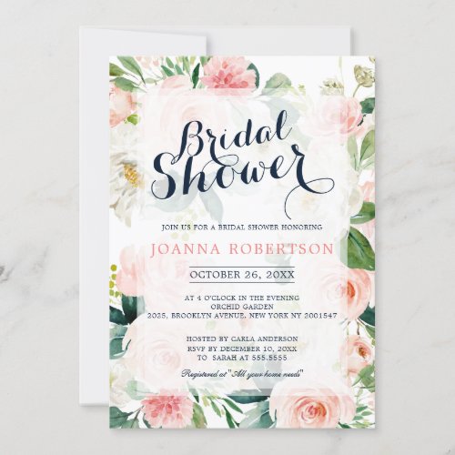 Blush Pink Florals Modern Botanical Bridal Shower Invitation