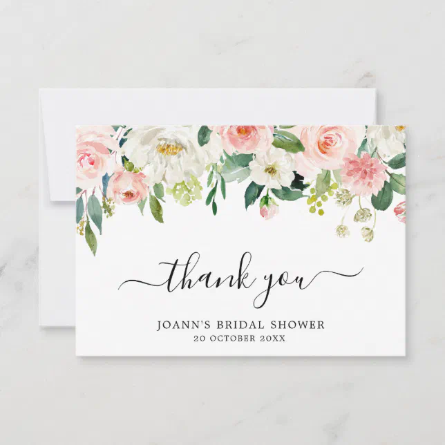 Blush Pink Florals Modern Botanical Bridal Shower Thank You Card Zazzle