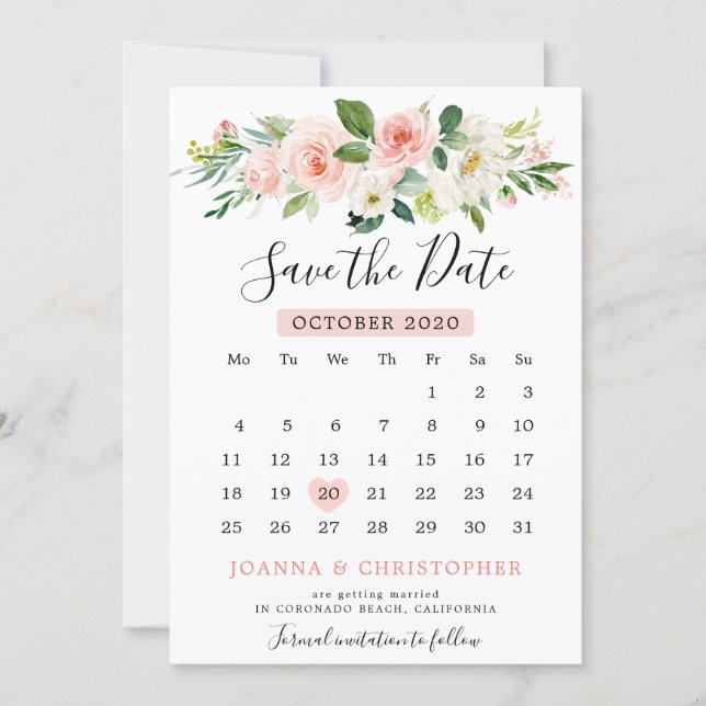 Blush Pink Florals Modern Botanical Calendar Save The Date (Front)