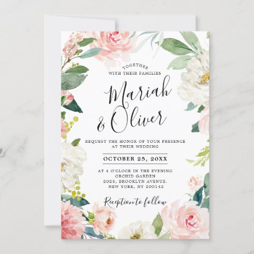 Blush Pink Florals Modern Botanical Frame Wedding Invitation