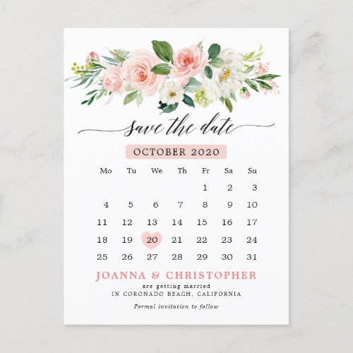 Blush Pink Florals Modern Botanical Save the Date Announcement Postcard