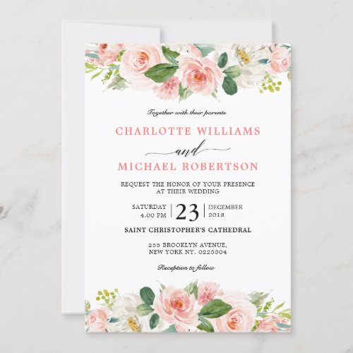 Blush Pink Florals Modern Botanical Wedding Invitation