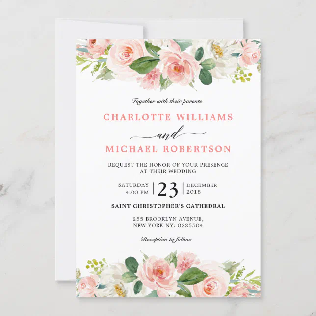 Blush Pink Florals Modern Botanical Wedding Invitation | Zazzle