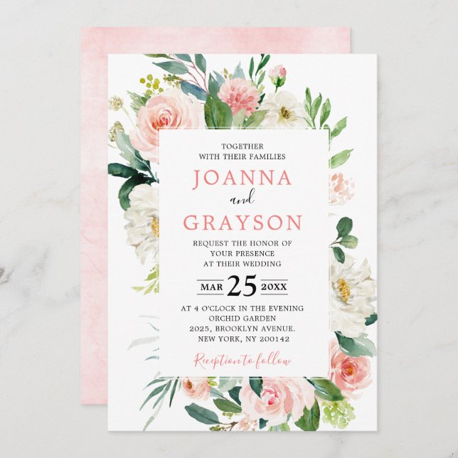 Blush Pink Florals Modern Botanical Wedding Invitation (Front/Back)