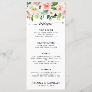 Blush Pink Florals Modern Botanical Wedding Menu