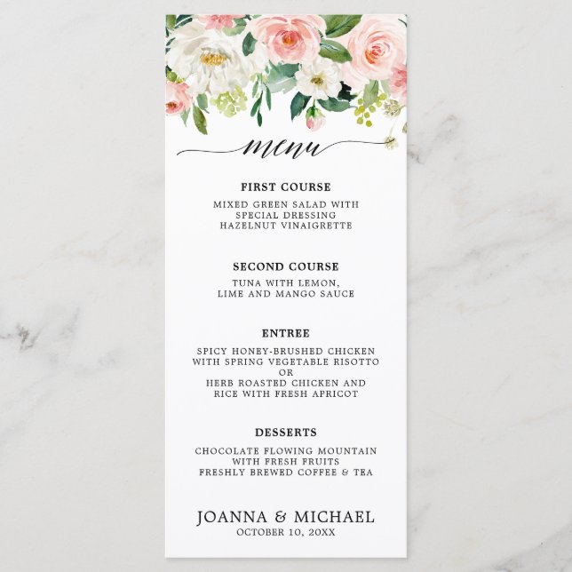 Blush Pink Florals Modern Botanical Wedding Menu (Front)