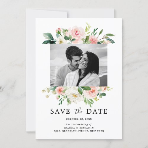 Blush Pink Florals Modern Botanical Wedding Photo Save The Date