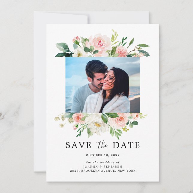 Blush Pink Florals Modern Botanical Wedding Photo Save The Date (Front)