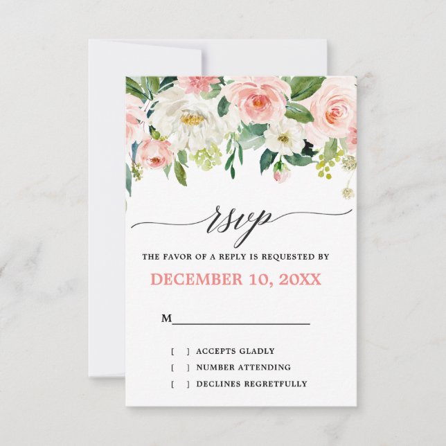 Blush Pink Florals Modern Botanical Wedding RSVP Card (Front)
