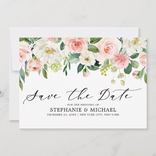 Blush Pink Florals Modern Botanical Wedding Save The Date (Front)