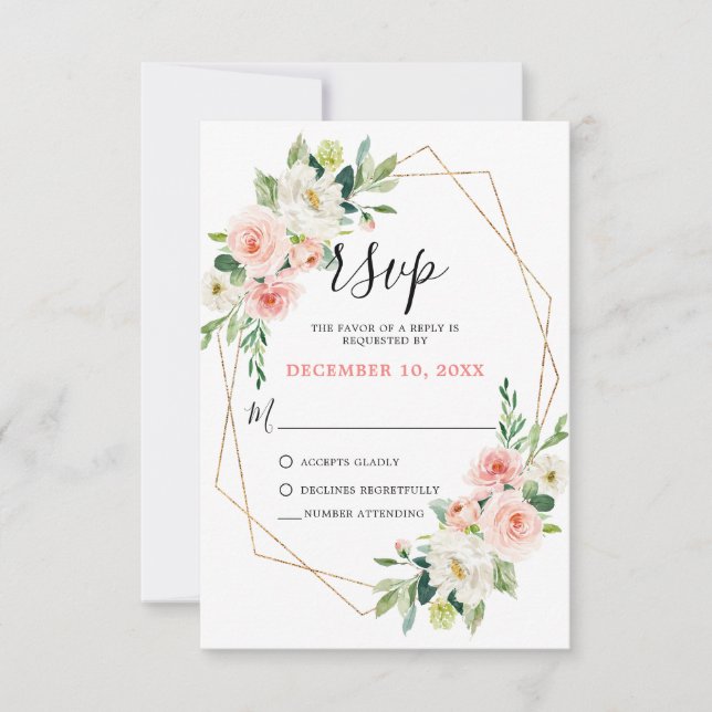 Blush Pink Florals Modern Geometric Gold Frame RSVP Card (Front)