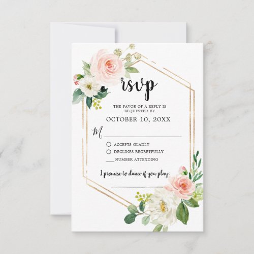 Blush Pink Florals Modern Geometric Gold Frame RSVP Card