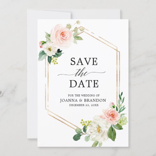 Blush Pink Florals Modern Geometric Gold Frame Save The Date