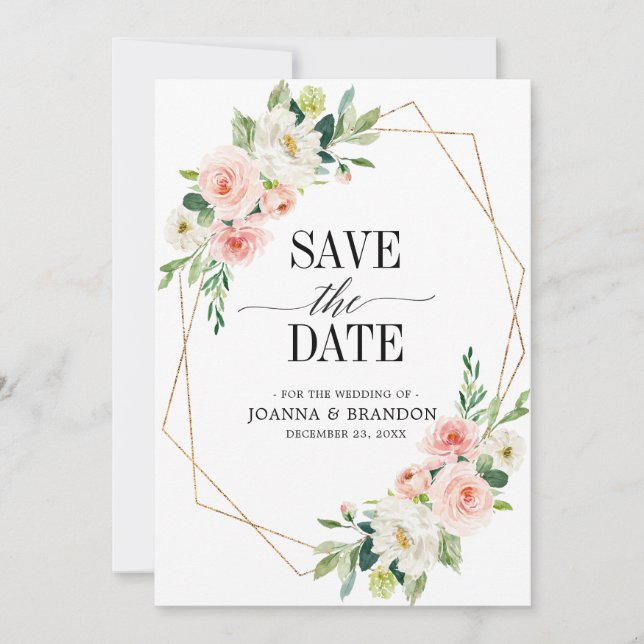 Blush Pink Florals Modern Geometric Gold Frame Save The Date (Front)