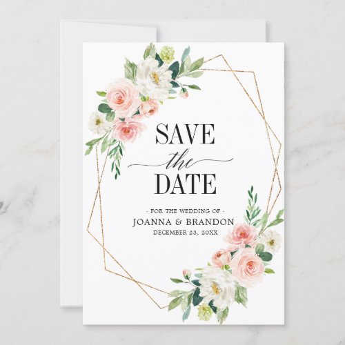 Blush Pink Florals Modern Geometric Gold Frame Save The Date