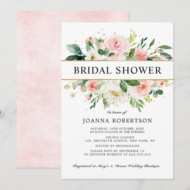 Blush Pink Florals Modern Gold Bridal Shower Invitation (Front/Back)