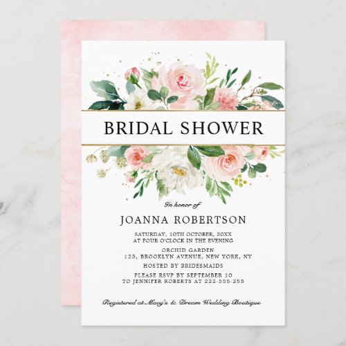 Blush Pink Florals Modern Gold Bridal Shower Invitation