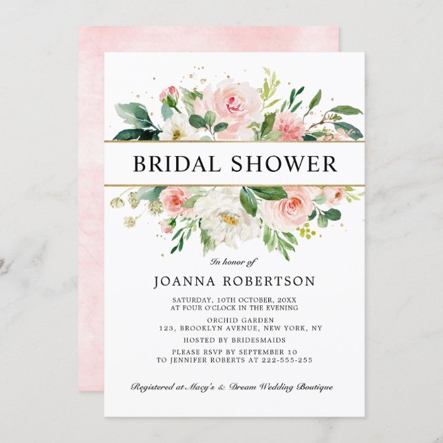 Blush Pink Florals Modern Gold Bridal Shower Invitation (Front/Back)