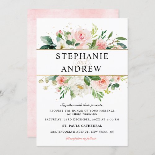 Blush Pink Florals Modern Gold Geometric Wedding Invitation