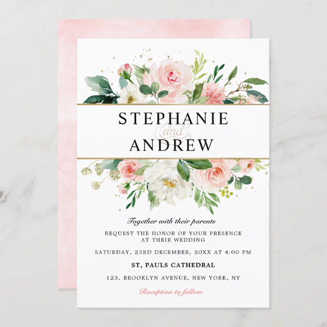 Blush Pink Florals Modern Gold Geometric Wedding Invitation | Zazzle