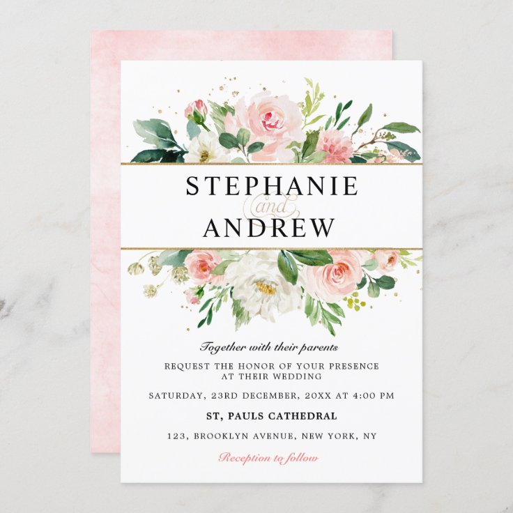 Blush Pink Florals Modern Gold Geometric Wedding Invitation 