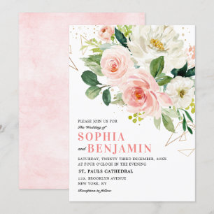 Blush Pink Florals Modern Gold Geometric Wedding Invitation